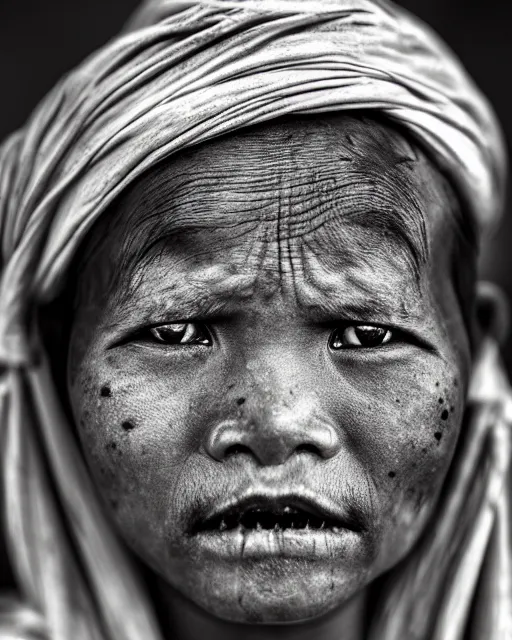 Image similar to Award winning Portrait photo of a Native Myanmarese with hyper-detailed hair and beautiful eyes wearing traditional garb by Lee Jeffries, 85mm ND 5, perfect lighting, gelatin silver process