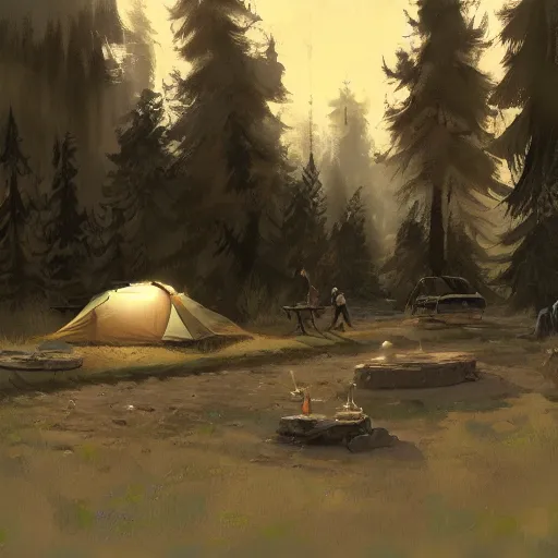 Prompt: a eerie campground surrounded by ghosts, craig mullins