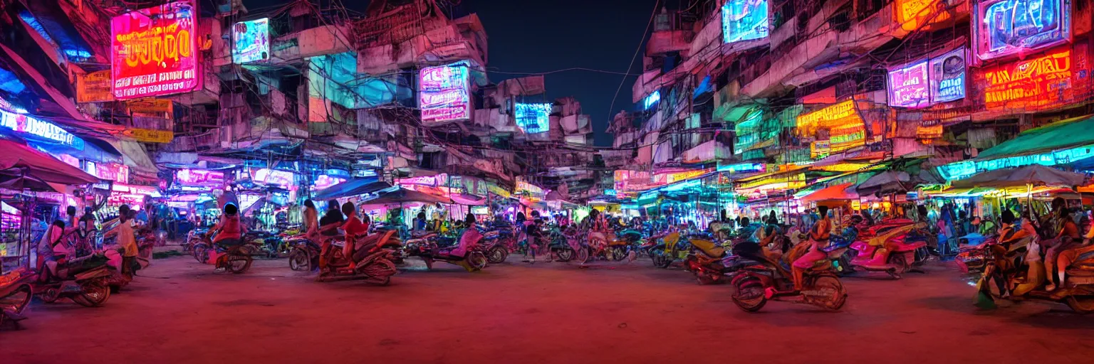 Image similar to Cyberpunk town square, futuristic Phnom-Penh Cambodia, neon lighting