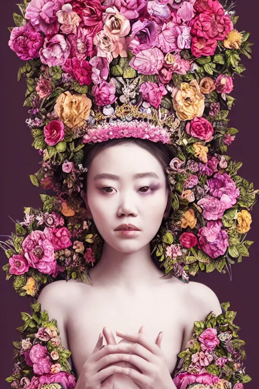 Image similar to a beautiful portrait of a singular empress, with a brilliant, impossible striking big flower headpiece, clothes entirely made out of flowers, symmetrical, dramatic studio lighting, rococo, baroque, jewels, asian, hyperrealism, closeup, D&D, fantasy, intricate, elegant, highly detailed, digital painting, artstation, octane render, 8k, concept art, matte, sharp focus, illustration, art by Artgerm and Greg Rutkowski and Alphonse Mucha