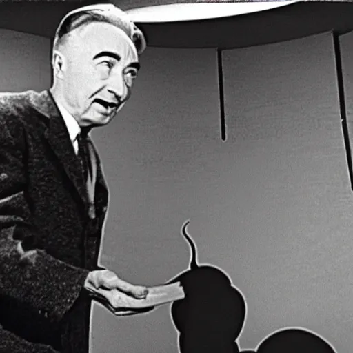 Image similar to color photo of robert oppenheimer debating with teletubbies