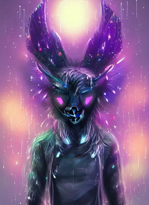 Image similar to award winning beautiful portrait commission of a male furry anthro Black Reindeer cyberpunk fursona with a tail, wings, wings, wings and a cute beautiful attractive detailed furry face wearing a crown, stylish black and rainbow galaxy clothes, outline, in a cyberpunk city at night while it rains. Character design by charlie bowater, ross tran, artgerm, and makoto shinkai, detailed, inked, western comic book art