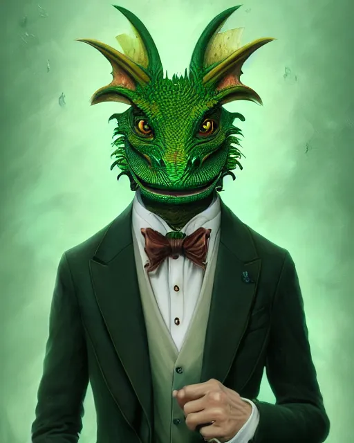 Image similar to anthropomorphic art of a businessman dragon, green dragon, portrait, victorian inspired clothing by artgerm, victo ngai, ryohei hase, artstation. fractal papers and books. highly detailed digital painting, smooth, global illumination, fantasy art by greg rutkowsky, karl spitzweg