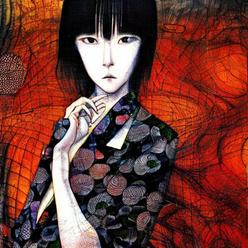 Image similar to yoshitaka amano blurred and dreamy realistic three quarter angle portrait of a woman with white hair and black eyes wearing dress suit with tie, junji ito abstract patterns in the background, satoshi kon anime, noisy film grain effect, highly detailed, renaissance oil painting, weird portrait angle, blurred lost edges