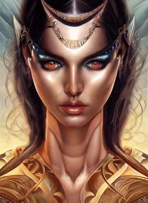 Image similar to a highly detailed symmetrical painting of a female model fantasy amazon with piercing beautiful eyes, trending art by artgerm and karol bak and mark brooks