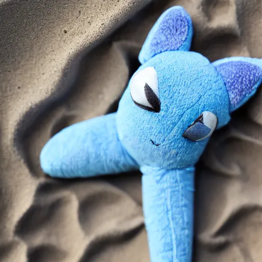 Image similar to blue'snappy gifts'plush doll, on beach sand, gifts, dark atmosphere, high detail, soft lighting, 8 k