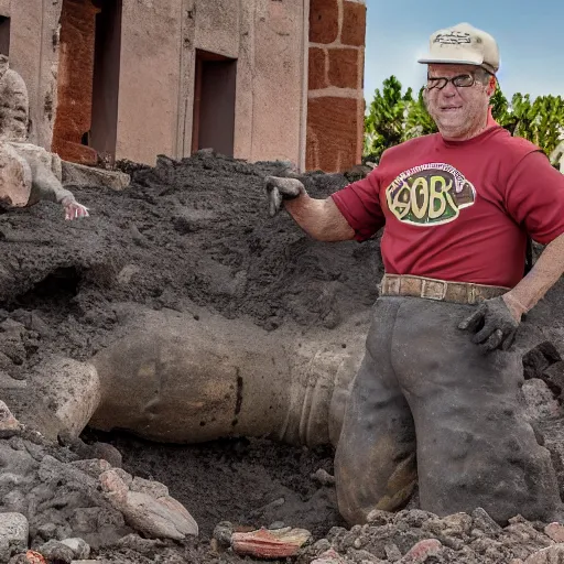 Prompt: a Bobs Big Boy statue being excavated from the ruins of Pompeii, ultra detailed, 8k resolution, ultrarealistic