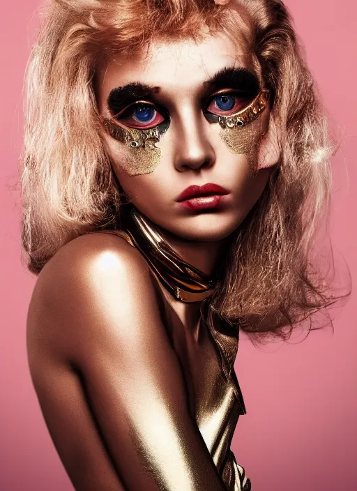 Image similar to italian vogue 8 0 s vintage cover portrait of a female model in metallic high fashion and strong make up by steven meisel, urban setting, 8 k, octane render, ultra sharp hyper detailed digital art