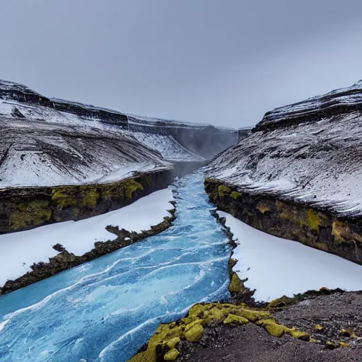 Image similar to a canyon in iceland with a frozen river at the bottom.