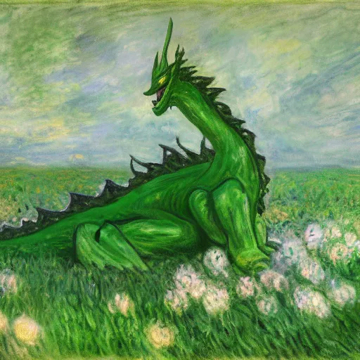 Prompt: A large green dragon sitting in a flowery meadow by Claude Monet, deviantart, furaffinity