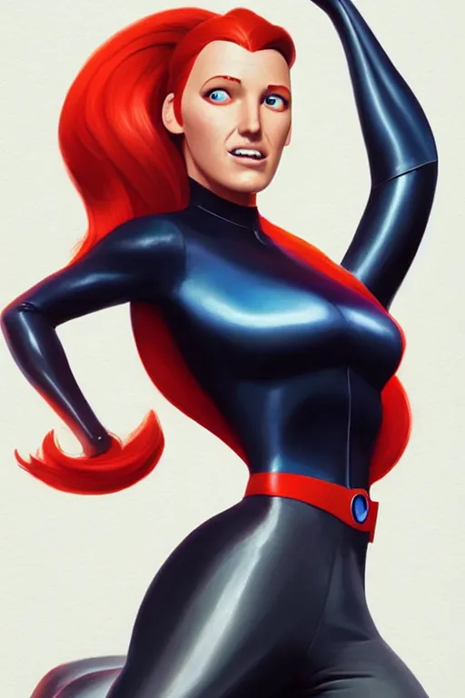 Image similar to blake lively as elastic girl from the incredibles, highly detailed, digital painting, trending on artstation, concept art, sharp focus, illustration, art by artgerm and greg rutkowski and fuji choko and viktoria gavrilenko and hoang lap