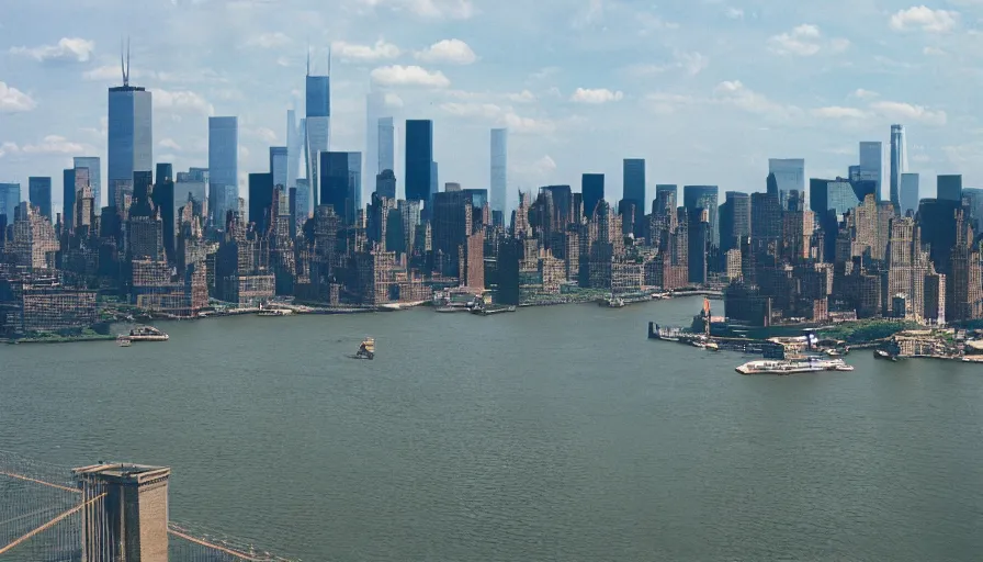 Prompt: highly detailed cinematic, hudson river in the background, twin towers, new york skyline, cinestill 8 0 0 t 3 5 mm 1 9 8 9, technicolor,, high quality, high detail, warm light, 8 k, realistic, hd