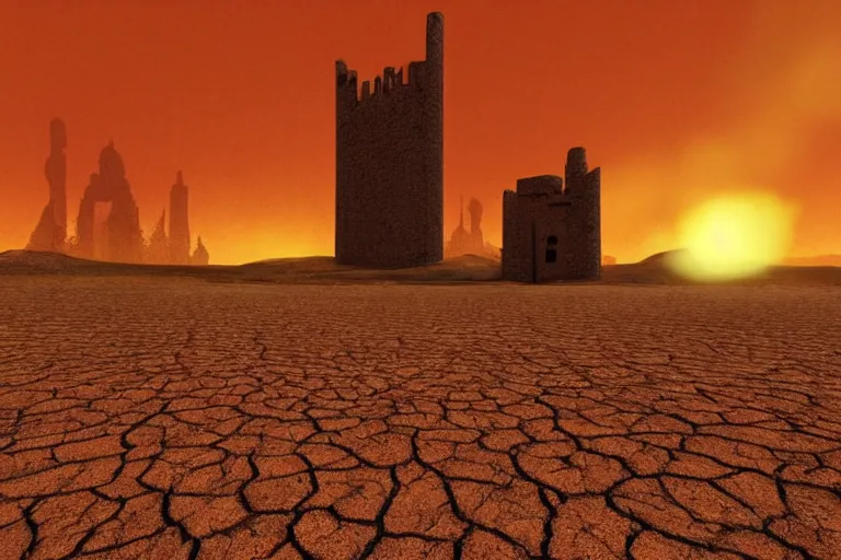 Image similar to very dry ground, desert, cracked, big tower in the background, red sky, fire in the background, artstation, award - winning, ethereal, dreamy