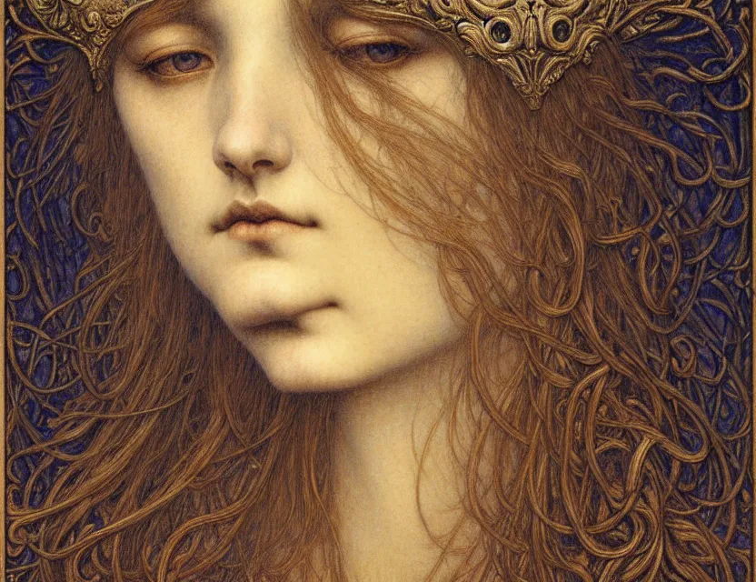 Image similar to detailed realistic beautiful young medieval queen face portrait by jean delville, gustave dore and marco mazzoni, art nouveau, symbolist, visionary, gothic, pre - raphaelite. horizontal symmetry