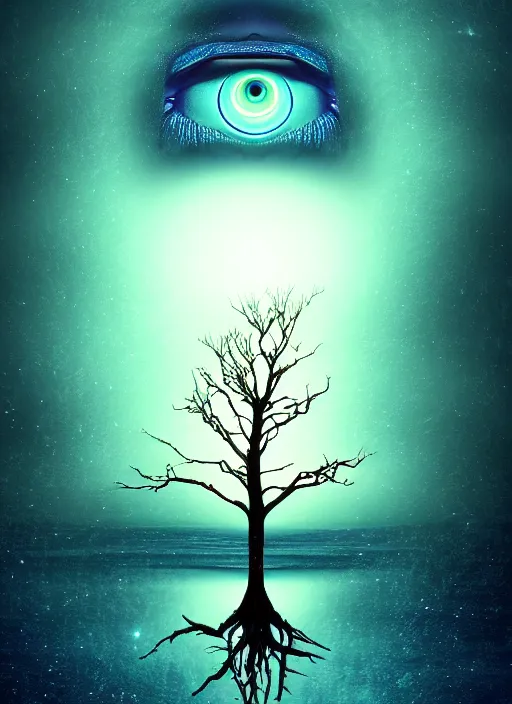 Prompt: a tree from which planets or galaxies hang instead of fruits, the tree is on top of a calm sea, in the background there is an eye whose iris coincides with the tree. fantasy art, horror, nightmare, photo realistic, dynamic lighting, artstation, poster, volumetric lighting, very detailed faces, 4 k, award winning