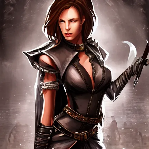 Prompt: girl thief dnd sit in tavern, looks like kate beckinsale, black leather armor, looks straight forward, high detail, 4k