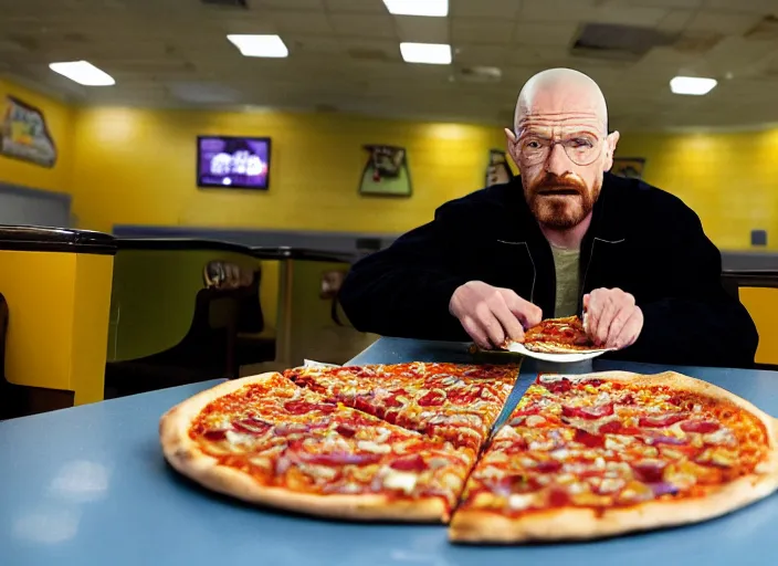 Image similar to walter white eating pizza at chuck - e - cheese, dramatic lighting, film still from breaking bad ( 2 0 1 0 ), 3 5 mm kodak, 2 4 mm lens, directed by rian johnson