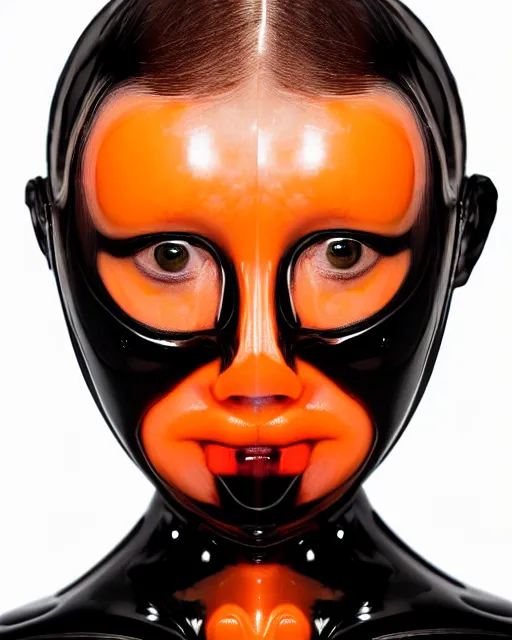 Image similar to symmetrical close - up portrait of a woman wearing a translucent silicone beauty mask and orange hair, wearing a black bodysuit by alexander mcqueen, black background, soft diffused light, biotechnology, humanoide robot, bjork aesthetic, translucent, by rineke dijkstra, intricate details, highly detailed, masterpiece,