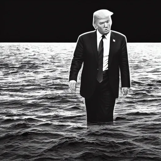 Image similar to dark footage of donald trump walking around the bottom of the ocean