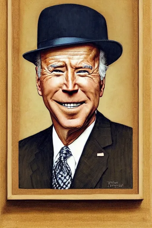 Image similar to “portrait of Joe Biden, impeccably dressed, wearing trilby hat, by norman Rockwell”