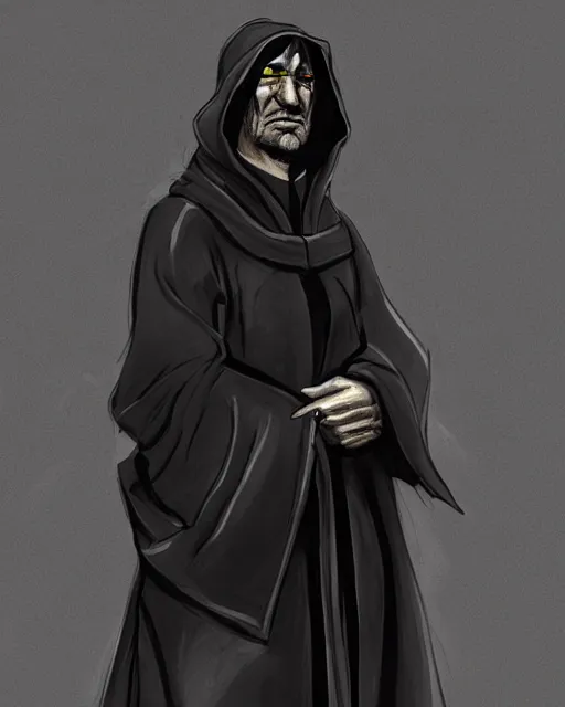 Prompt: character concept portrait of a man in dark robes, hooded, drawn by greg rukowtski