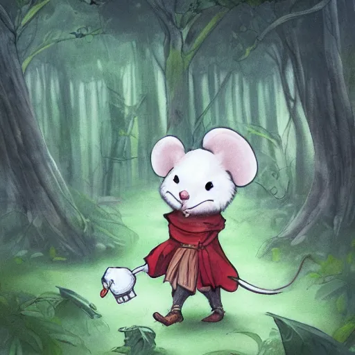 Prompt: an adventurous anthropomorphic white mouse wearing medieval clothing walking through a lush forest, concept art, James jean