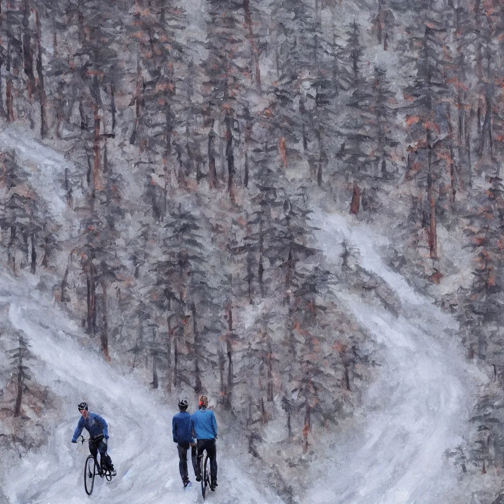 Image similar to Two men biking up a steep forest hill. One with a deep dark blue sweater and the other with a wine red sweater. sweaty. Oil painting. Emotional. Trending on artstation. Steep. Nordic Trees. Rustic. Artistic.