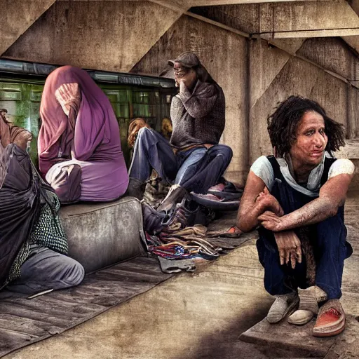 Image similar to poor people life under railway bridge, digital art, digital painting, award winning hyper realistic, 4 k, realistic face, realistic human, hyper details, style by steve mccury and annie leibovitz and chindy sherman