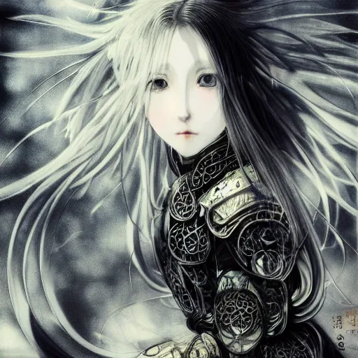 Image similar to yoshitaka amano blurred and dreamy illustration of an anime girl with black eyes, wavy white hair fluttering in the wind wearing elden ring armor and engraving, abstract black and white patterns on the background, noisy film grain effect, highly detailed, renaissance oil painting, weird portrait angle, blurred lost edges, three quarter view