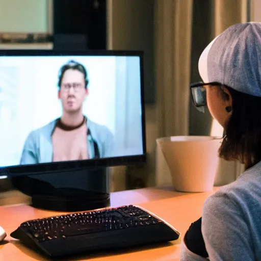 Image similar to A person using a computer watching themselves use a computer watching themselves use a computer