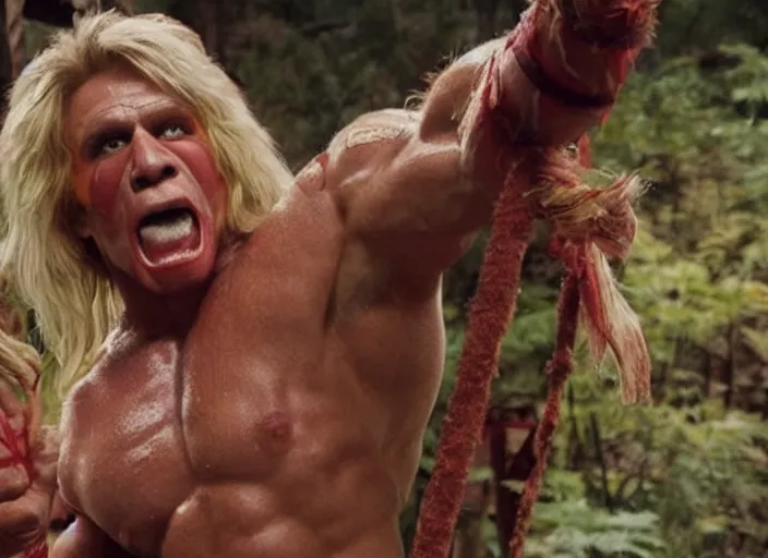 Image similar to film still of the Ultimate Warrior WWF in a log cabin in the new MANDY movie, 4k