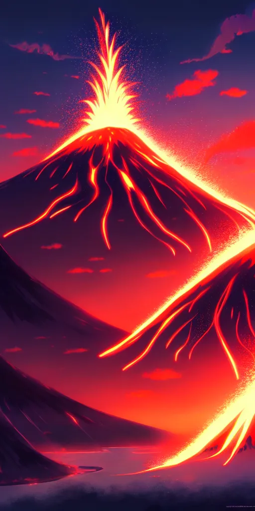 Image similar to volcano erupting. by nashimanga, anime illustration, anime key visual, beautiful anime - style digital painting by wlop, amazing wallpaper