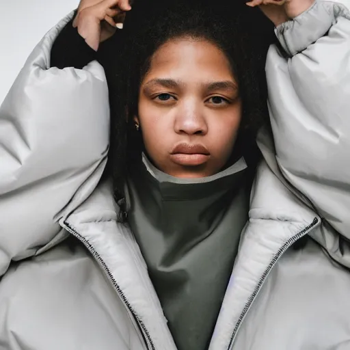 Image similar to realistic! photoshoot for a new vetements lookbook, color film photography, portrait of a beautiful woman, model wearing a puffer jacket, in style of tyler mitchell, 35mm