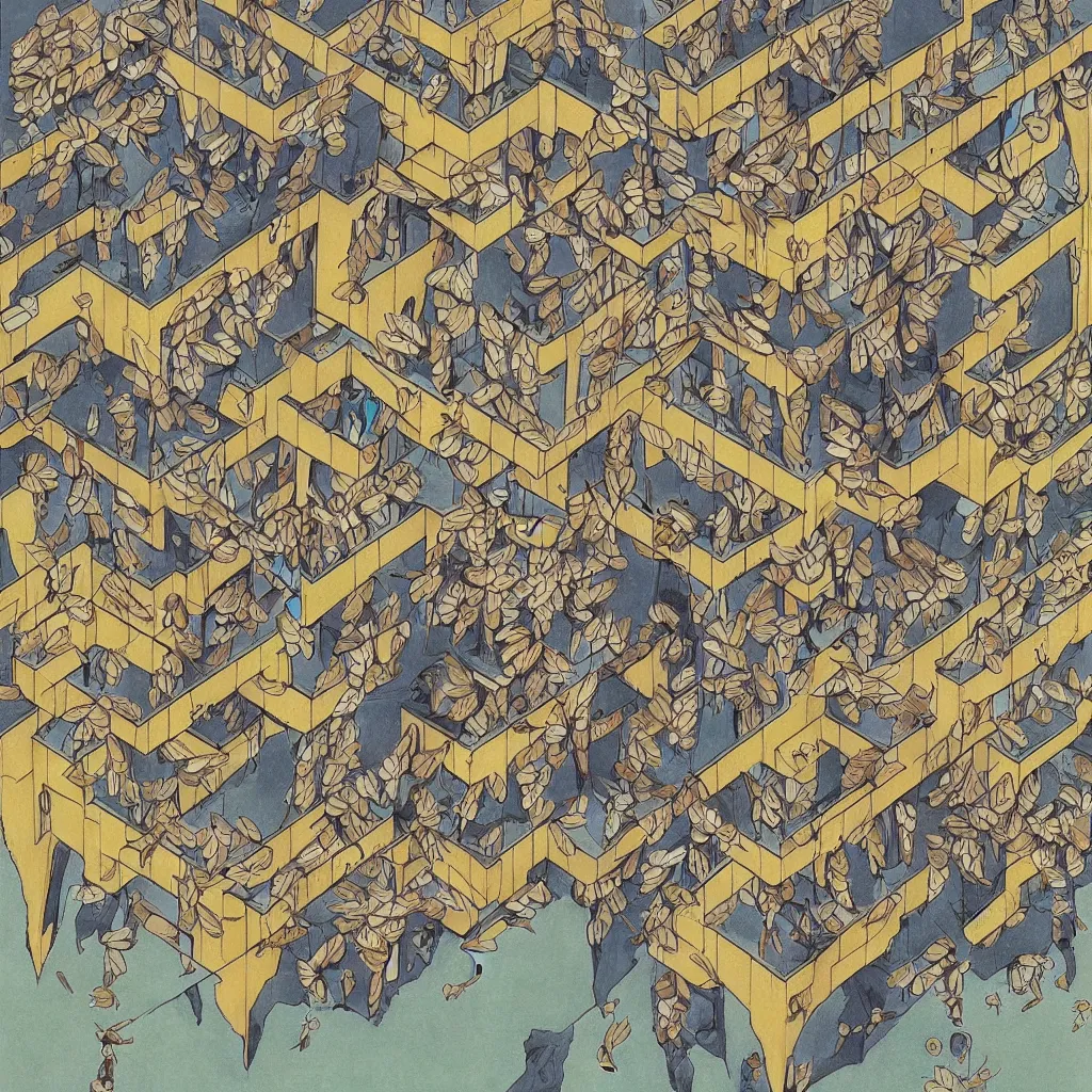 Image similar to metamorphic transition from the last bee on earth to, last selfie on earth, drawed by M. C. Escher colored by Hayao Miyazaki
