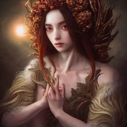 Prompt: by artgerm and agostino arrivabene, visually stunning, cinematic, ultra realistic, hyper realism, epic, octane render, unreal engine, vfx, maya, a 1 7 5 0 s princess, fungal enchanter, murloc tinyfin, dread infernal, wee whelp, battle ram