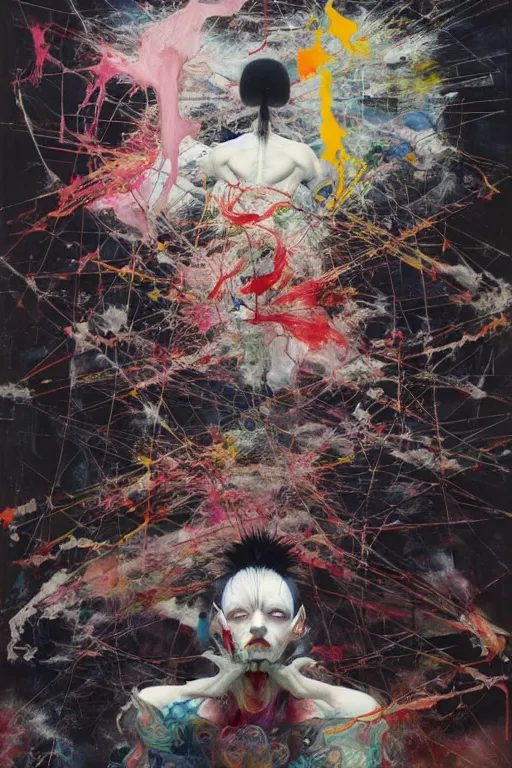 Image similar to the physical impossibility of death, in a brutalist designed space ship, hauntingly surreal, gothic, rich deep colours, painted by francis bacon, adrian ghenie, james jean and petra cortright, part by gerhard richter, part by takato yamamoto. 8 k masterpiece