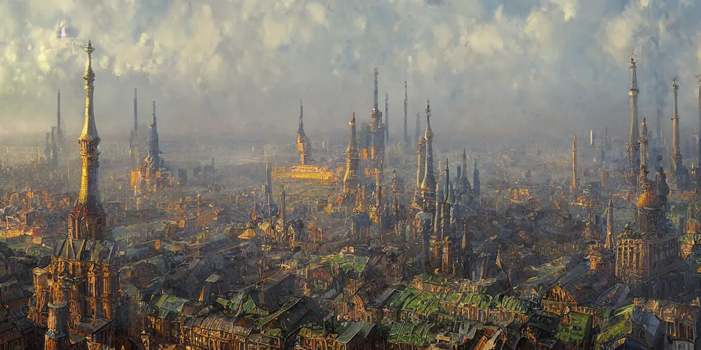 Prompt: beautiful magical ancient Slavic city of Kitezh in mist, huge factories, magical glow, magic mist, strange buildings, oil painting, painting by Viktor Vasnetsov, concept art, fantasy cityscape, ancient Russian architecture, painting by Ivan Shishkin, hyperborea, high resolution, trending on artstation, hyperrealism