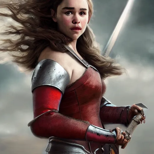 Prompt: emilia clarke, as a medieval fantasy character, with dark reddish hair, wearing light, silver armor and red clothing, tan complexion, holding a longsword, slightly smiling, noble, cinematic, gloomy, realistic, digital art, character art, 8 k