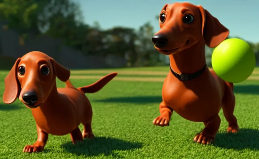 Image similar to happy dachshund catching a ball, cgi, 3 d animation, pixar