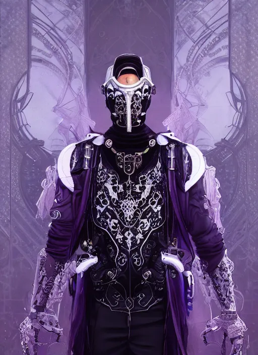 Image similar to a handsome male ornate cyborg with a white techwear mask, purple garment with art nouveau ivory accessories, dressed in black intricate lace and jewels, ethereal, misty, cyberpunk, darksynth, luxury, concept art by zeen chin, extremely detailed, artstation, andree wallin, edvige faini, alphonse mucha, 8 k, unreal engine 5