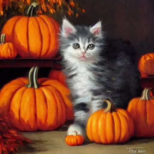 Image similar to a cute fluffy kitten amidst piles of pumpkins. halloween autumn fall art. beautiful painting by henriette ronner - knip and artgerm and greg rutkowski