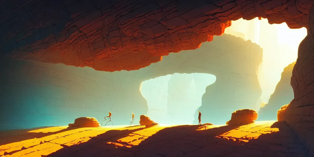 Image similar to deep natural cave wall, low ceiling, dynamic light, illustration by moebius, rhads, syd mead, dan mumford, clean thick line, comics style