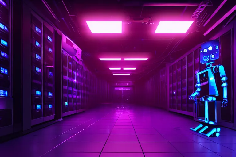 Prompt: realistic robot in a data server room, neon and dark, purple and blue color scheme, dan mumford, inception, blade runner, the fifth element, fisheye, volumetric octane render, by ruan jia and ross tran, malevich