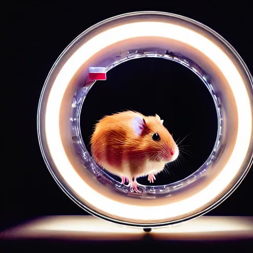 Prompt: uhd robotic hamster running in a hamster wheel. photo by annie leibowitz