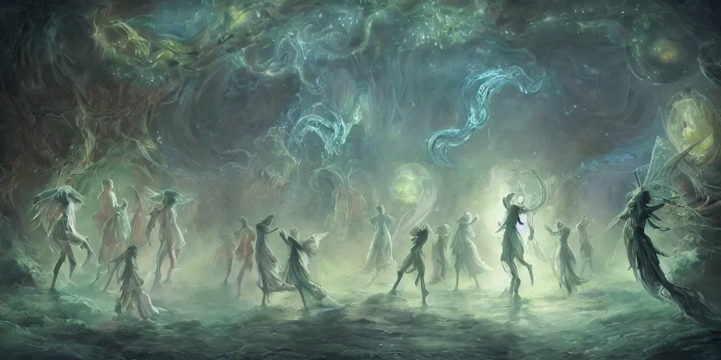 Prompt: concept art of translucent glowing fairies dancing, magical, lovecraftian, renaissance, melting, round moon, rich clouds, fighting the horrors of the unknown, very detailed, volumetric light, mist, fine art, decaying, textured oil over canvas, epic fantasy art, very colorful, ornate intricate scales
