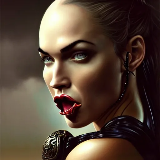 Image similar to portrait of megan fox with ball gag in mouth, muscular upper body, collar, greek, jewelry, black dress, fantasy, intricate, elegant, highly detailed, digital painting, artstation, concept art, matte, sharp focus, illustration, art by aenaluck and roberto ferri and greg rutkowski, epic fantasy, digital painting