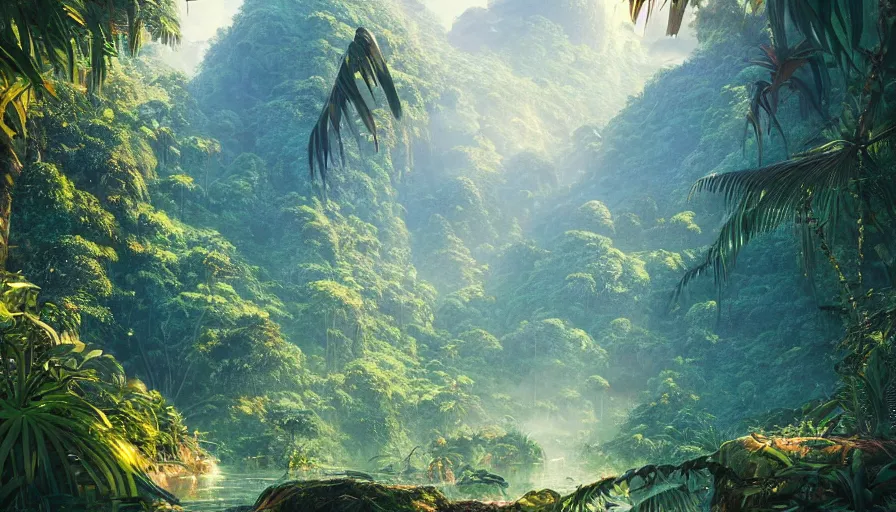 Image similar to A highly detailed matte painting of a beautiful tropical jungle with a hidden city by Mokoto Shinkai, by Greg Rutkowski, by Artgerm, by beeple, golden hour, cinematic lighting, octane render, 4K resolution, trending on artstation