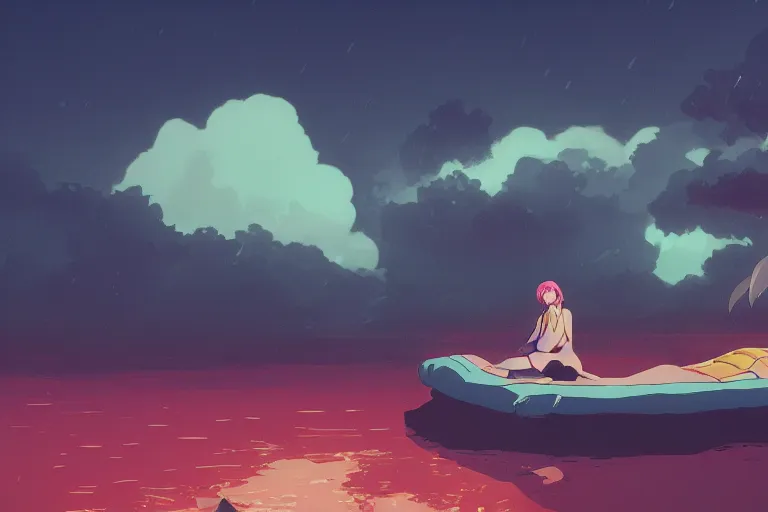 Image similar to anime woman sleeping on a raft, misty, night time, storm in distance, wide angle, by studio ghibli, anime, hazy, foggy, ambient lighting, 8 k, neon, synthwave,