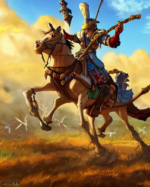 Image similar to don quixote's fighting with windmills by disney and miyazaki, octane, intricate, hearthstone