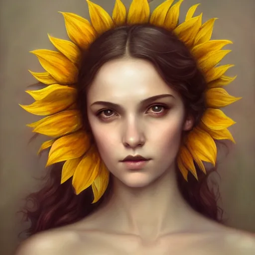 Image similar to sunflower goddess of summer character portrait, in the style of charlie bowater, tom bagshaw, and waterhouse, lean face, cinematic lighting, beautiful, elegant, oil painting, cinematic, portrait, raphaelite, headroom, headshot photograph